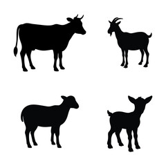 Farm Animal Silhouettes Vector Collection. Isolated on White Background.