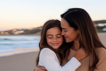 A heartwarming moment captured at the beach, showing a mother embracing her daughter against a beautiful sunset, embodying love, joy, and connection in nature's backdrop.