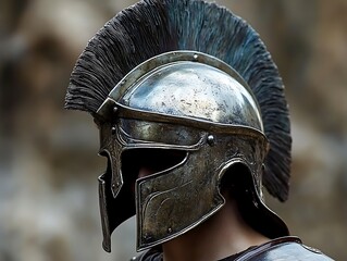 Fototapeta premium Ancient Greek helmet, stone background