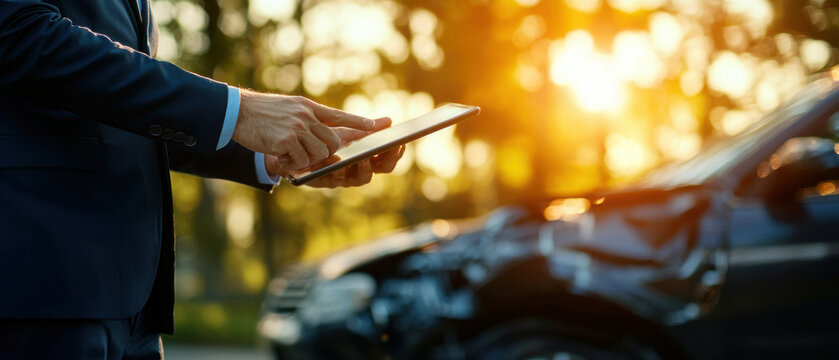 Professional examining tablet near damaged car in sunlight, house and car insurance concepts.