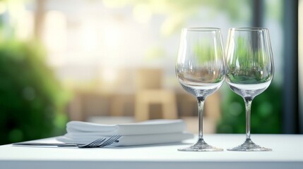 Elegant Wine Glasses Table Setting - Two empty wine glasses sit on a table with folded napkins and silverware, set against a blurred outdoor background
