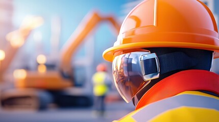Fototapeta premium A construction worker in safety gear observes machinery on-site, emphasizing safety and teamwork in a busy construction environment.