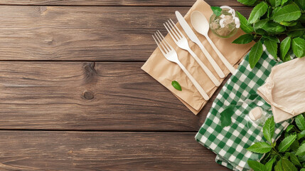 Naklejka premium Eco friendly picnic setup with reusable cutlery and cloth napkins