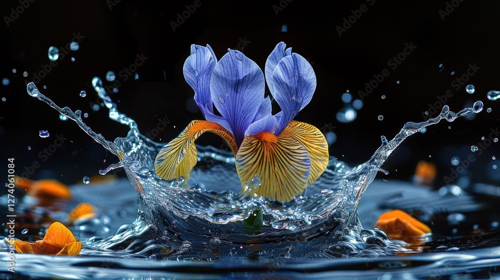 Poster a vibrant flower splashes in water, creating dynamic ripples and droplets.