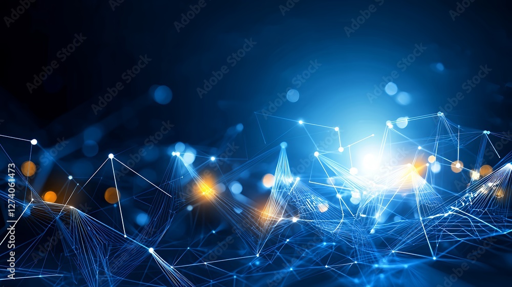 Poster intricate network of interconnected blue dots and lines against a dark background