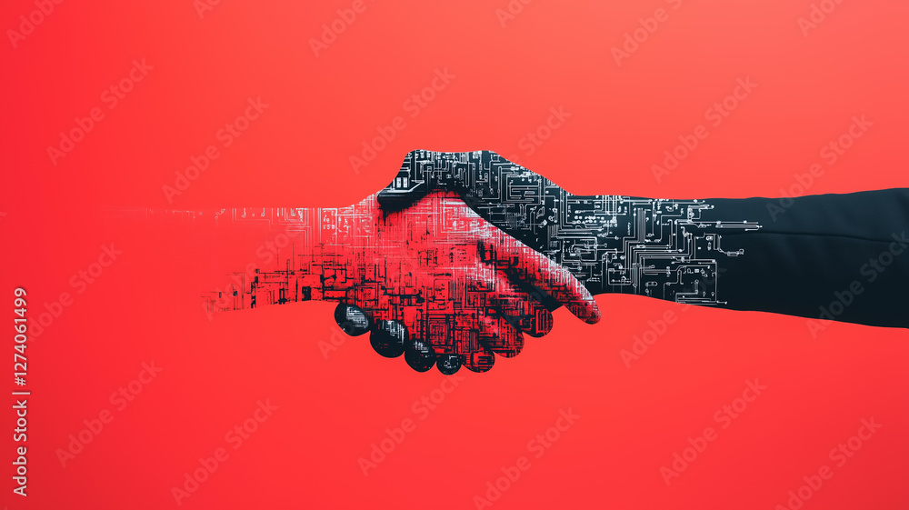Aufkleber digital handshake: a symbolic representation of a digital handshake, where hands merge from the digi