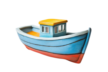 A handcrafted wooden boat stands out with its bright colors, featuring a yellow cabin and blue hull isolated on transparent background