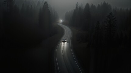 Dark Winding Road at Night &ndash; Lone Car Headlights in Eerie Forest, Black and White Photography