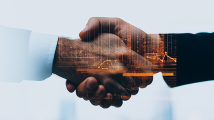 Sealing the Deal: A digital overlay of financial data emphasizes the strength and collaboration within a professional handshake, symbolizing agreement, partnership, and success in business.