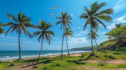 Obraz premium Tropical palm trees leaning towards the ocean, creating a scenic archway along the shore, with seagulls flying above in a bright blue sky.