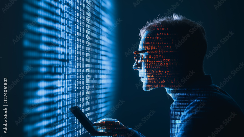Aufkleber digital explorer: a focused individual is engrossed in the world of data, observing an ethereal proj