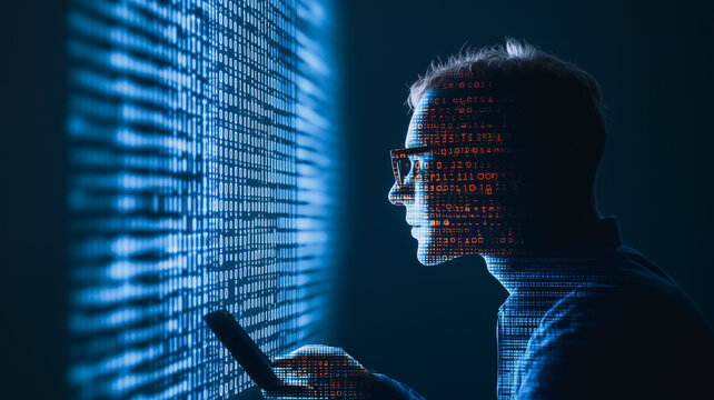Digital Explorer: A focused individual is engrossed in the world of data, observing an ethereal projection of code with a sense of technological wonder.
