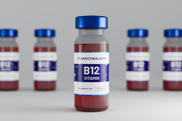 a liquid vitamin b12 the clinic table. 3d render. health and medical concepts