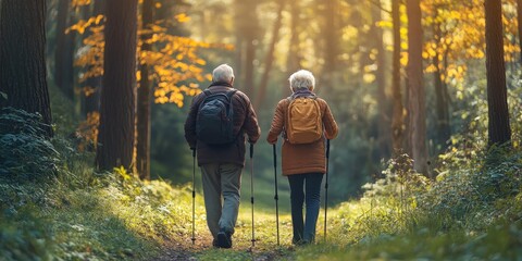 Fototapeta premium A sunlit forest path glistens as a couple walks hand-in-hand, embraced by nature's warmth and gentle light filtering through the trees