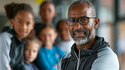 An older African American male with a beard, wearing glasses and a jacket, standing in front of a group of younger people, likely posing for the photograph.