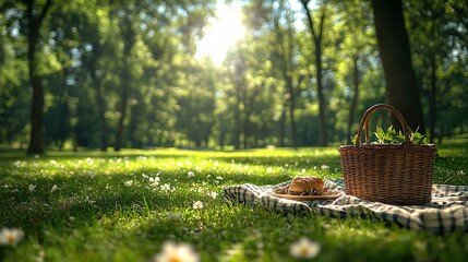 Sunny picnic in a lush green park with a wicker basket, blanket, and sandwich.