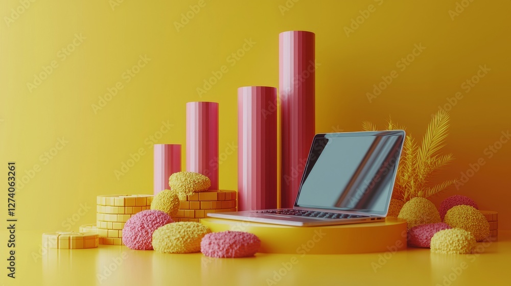 Poster a vibrant yellow background serves as the setting for a colorful laptop screen displaying a bar grap