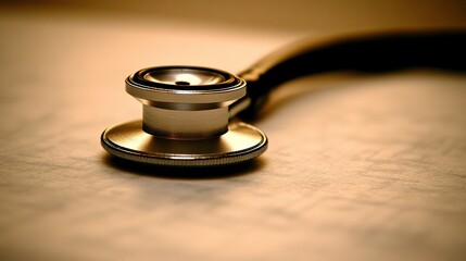 Stethoscope resting on a wooden desk with warm lighting during a medical consultation