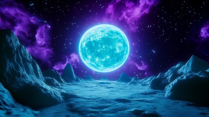 Ethereal Teal Planet Rising Over Alien Mountainscape - A vibrant teal planet dominates a dark alien landscape, symbolizing mystery, wonder, exploration, otherworldly beauty, and cosmic vastness