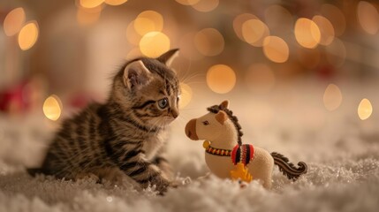 A playful kitten interacts with a toy horse amidst a warm, festive background.