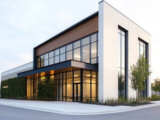 A two-story school building with a contemporary design, featuring glass windows and steel accents. 