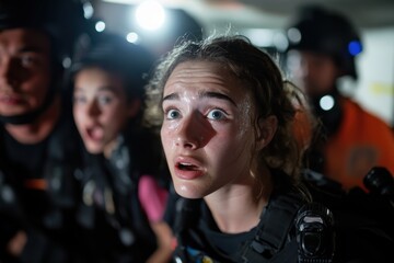 A young woman displays sheer fear and concern among a group responding to an emergency, portraying the gravity of the situation and emotional weight of uncertainty.