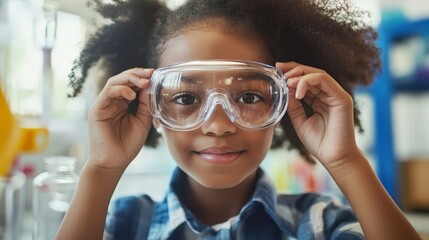 Young girl adjusting her safety goggles before starting a chemistry experiment, emphasizing proper lab safety.
