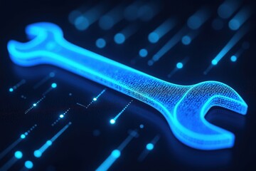 Fototapeta premium A Futuristic Blue Wrench on a Digital Background Symbolizing Innovation and Technology in Mechanical Repairs and Engineering Solutions