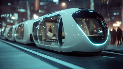 Self-driving pods operate in a futuristic city, showcasing advanced urban transportation systems
