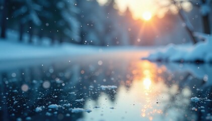 Snowflakes gently fall on a frozen lake surface, frozen pond, , winter solstice