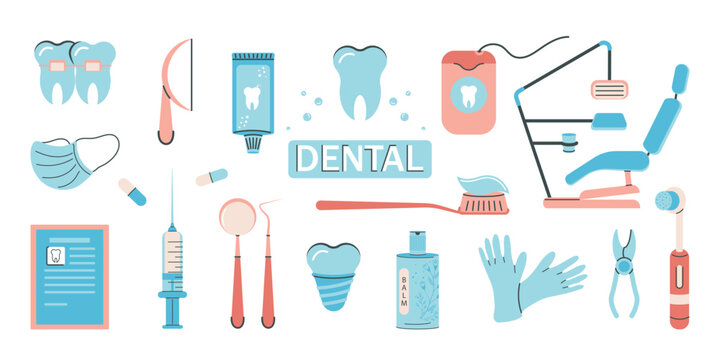 A set of medical supplies for dental care. The concept of a healthy smile and beauty . Vector design.