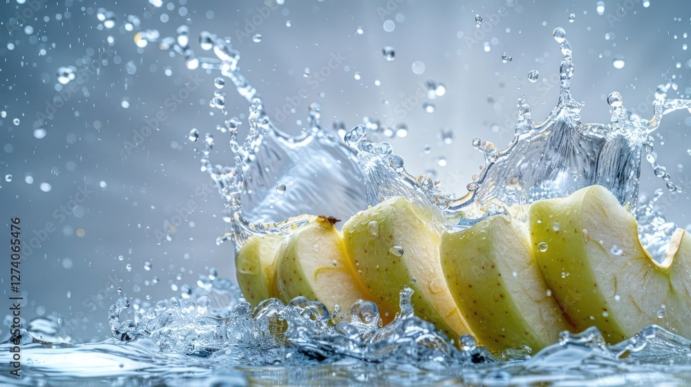 Poster slices of green apple splashing in water, creating a refreshing visual effect.