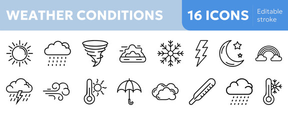 weather conditions icons including sun, cloud, rain, snowflake, thunderstorm, wind, fog, tornado, rainbow, thermometer, umbrella