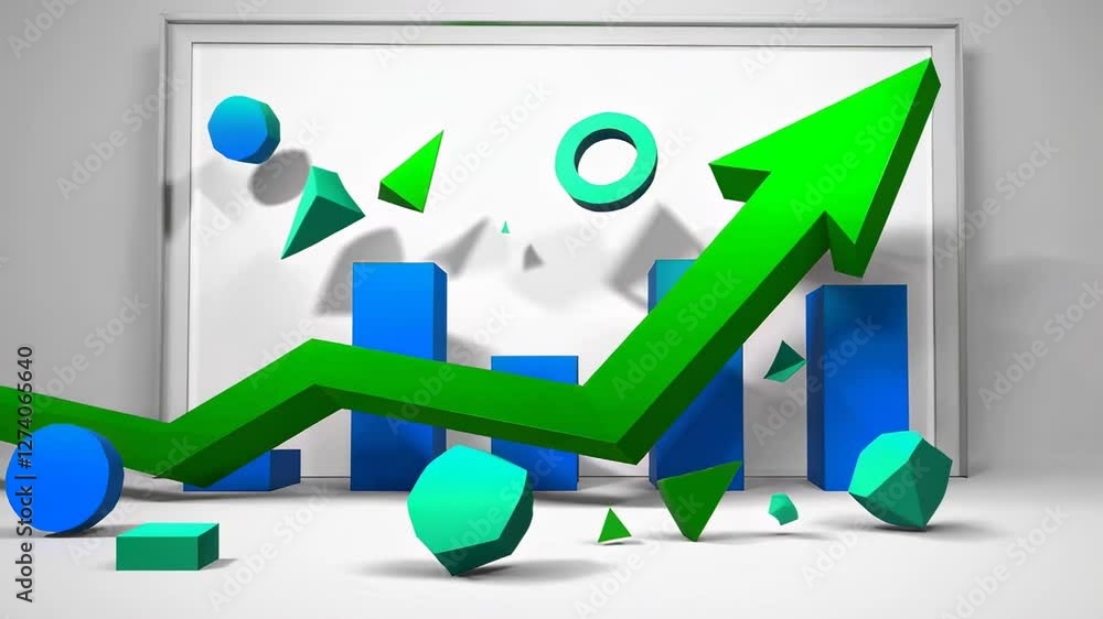 Poster green arrow and bar chart are growing, while blue and turquoise geometric shapes are falling down in