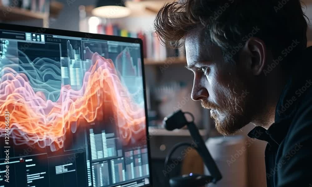 Poster focused man analyzing data on computer screen at night
