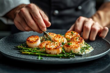 Pan-seared scallops served with asparagus and a creamy sauce, expertly plated by a chef.