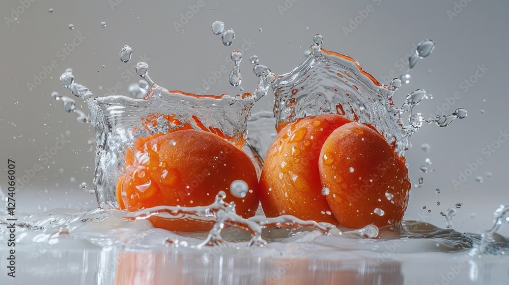 Poster two apricots splashing into water, creating dynamic droplets and ripples.
