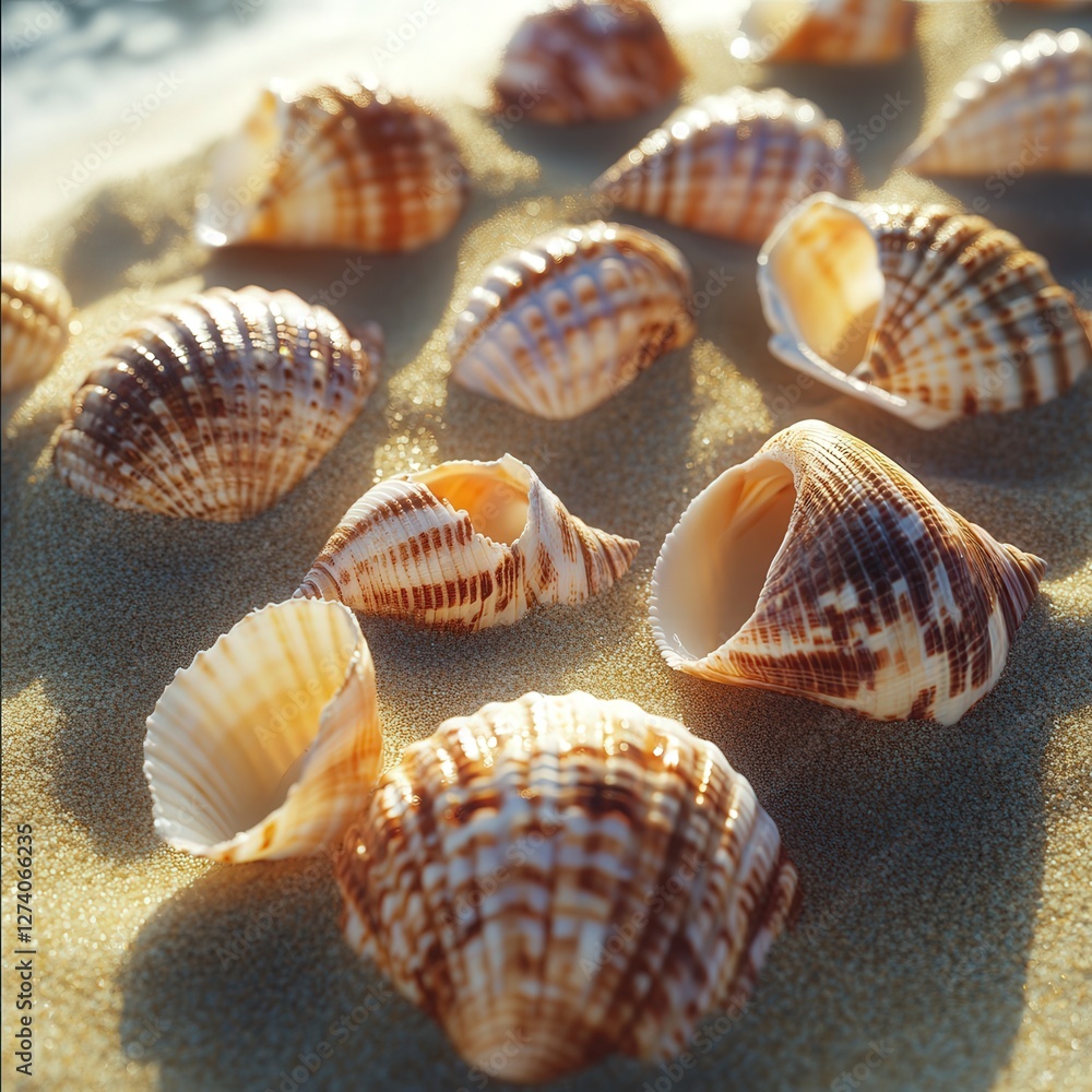 Poster seashells basking in the sunlight on a golden beach, each one showcasing its unique pattern and soft