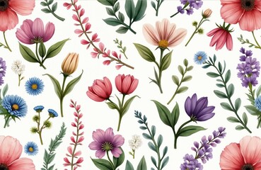 Fototapeta premium Spring vintage design with floral decoration. Herb flower print on fabric, blossom summer art. Beautiful bouquet of season garden flora. Retro romantic bloom seamless pattern on white background.