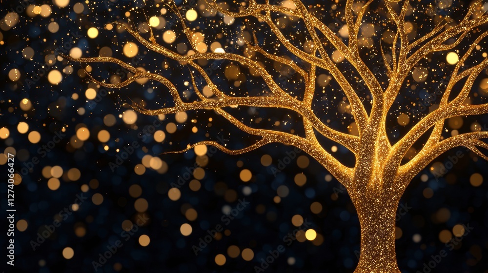 Poster abstract gold tree concept. ethereal glowing golden tree with pulsating light patterns