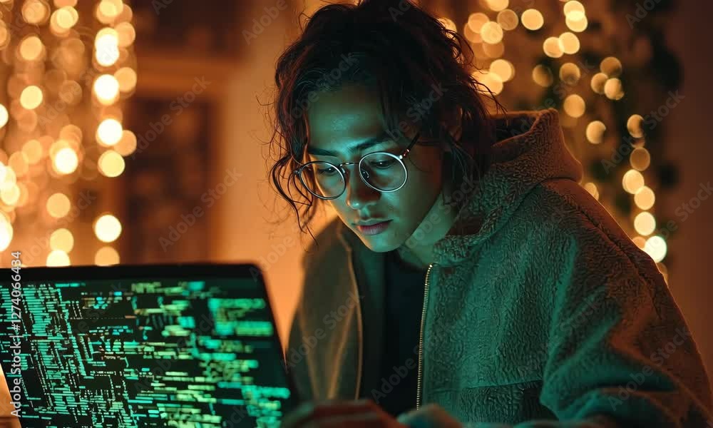Poster focused young person coding on laptop at night with warm string lights