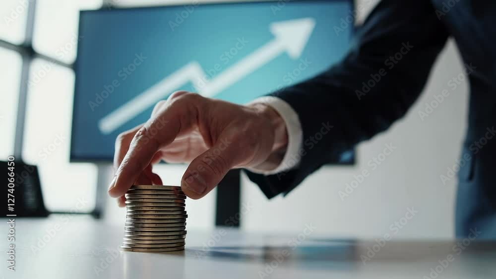 Poster businessman in a suit carefully placing coins on a stack, symbolizing financial growth and stability