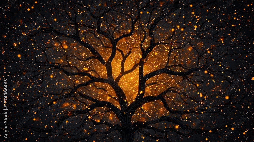 Poster abstract gold tree concept. enchanting golden tree with cascading luminous particles in mystical atm
