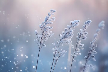 Wild grasses coated in ice stand tall in a serene winter landscape with gentle snowfall, soft golden light, and a blurred background, capturing the beauty of nature in the cold season.