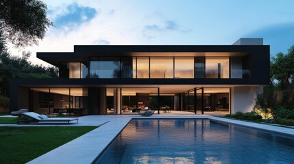 Modern luxurious two-story house with pool at dusk in a serene outdoor setting