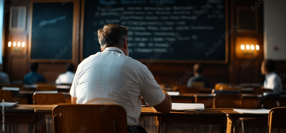 Poster focused professor during a university lecture with a blackboard background