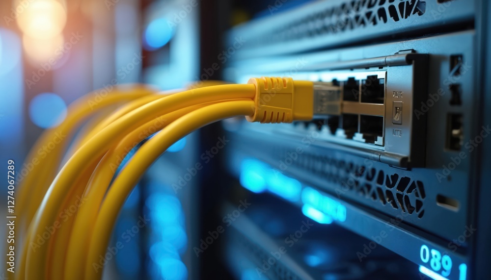 Fototapete close-up shot shows yellow ethernet cables connected to internet switch in server datacenter. illust
