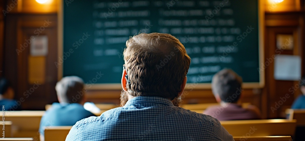 Poster focused student absorbing knowledge in a classic university lecture hall