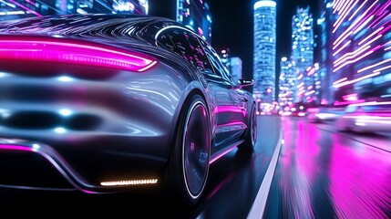 Fototapeta premium Futuristic car speeding through neon-lit urban cityscape at night