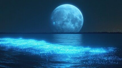 a large moon close to sea level, its light glowing brightly over the ocean. Bioluminescent plankton sparkle in the waves